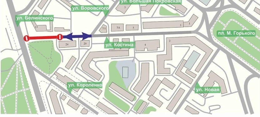 Участок улицы Костина в центре Нижнего Новгорода будет перекрыт на месяц.