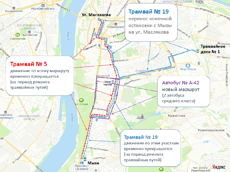 В Нижнем Новгороде временно закроют маршрут трамваев №5
