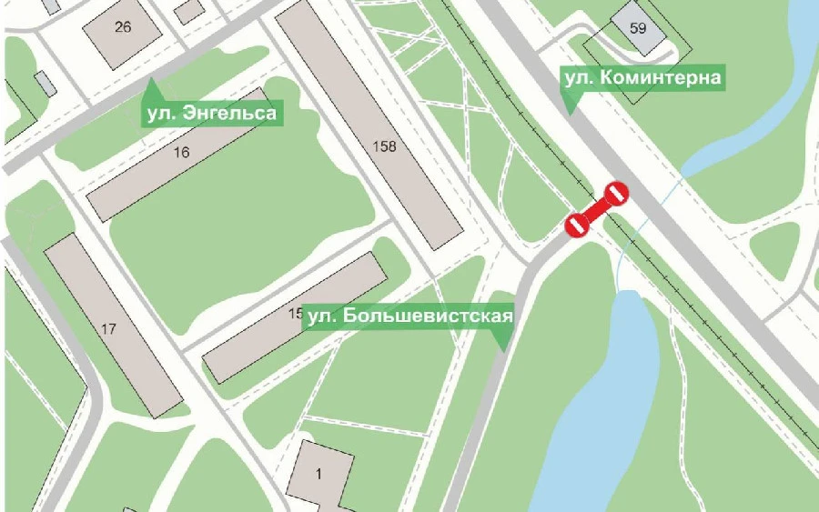 Проезд закрыт на участке пересечения трамвайных путей на ул. Большевистской